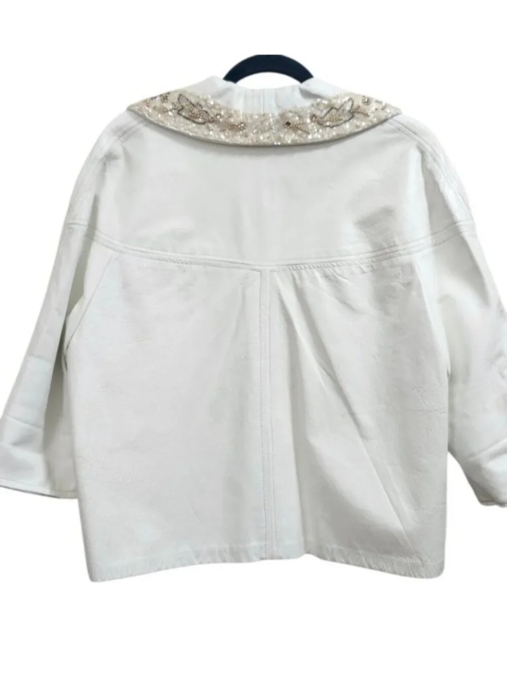 Vintage White Genuine Leather Beaded Sequin Jacket Women Cropped Open Front Boho